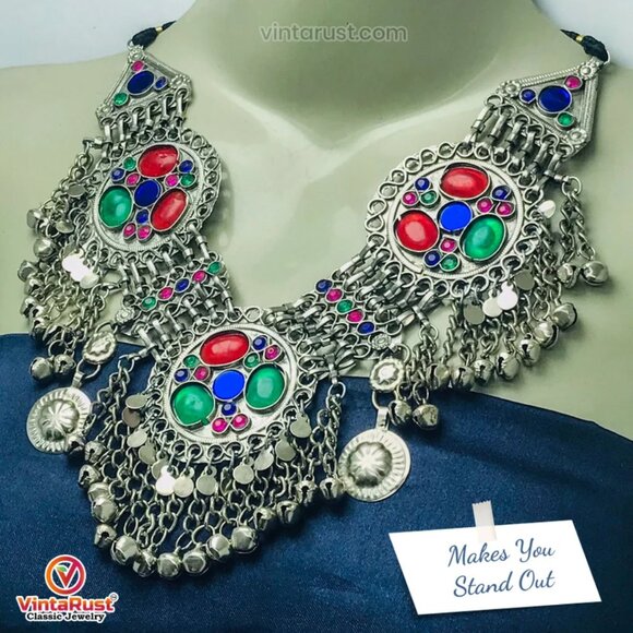 Afghan Three Rings Necklace With Red and Green Glass Stones, Kuchi Tribal Bib - Picture 5 of 9